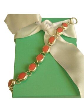 Pink Salmon Coral + Sterling Silver Chain Bracelet Mexico, 7"